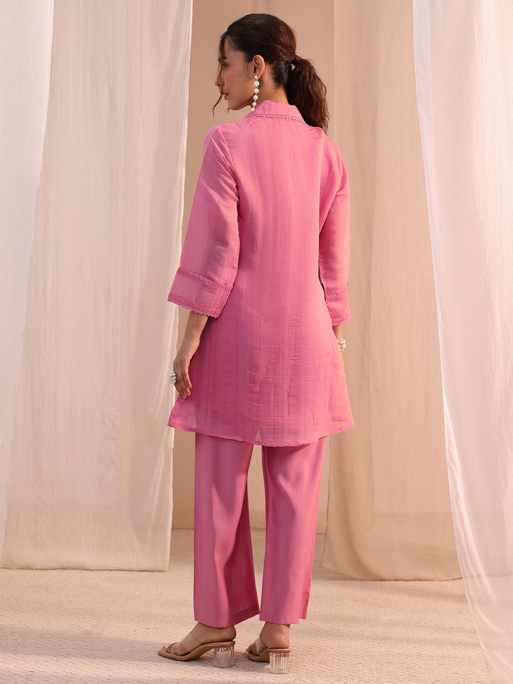 Libas Pink Floral Embroidered Chanderi Cotton Co-Ord Set