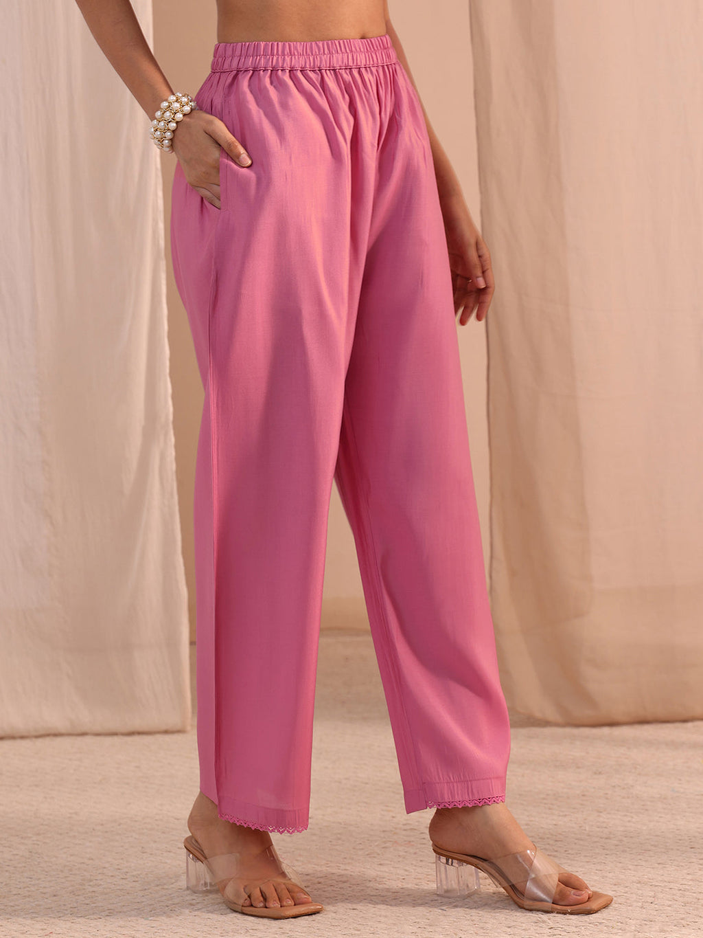 Libas Pink Floral Embroidered Chanderi Cotton Co-Ord Set
