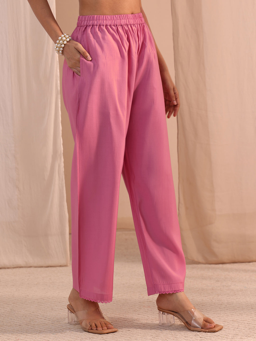 Libas Pink Floral Embroidered Chanderi Cotton Co-Ord Set