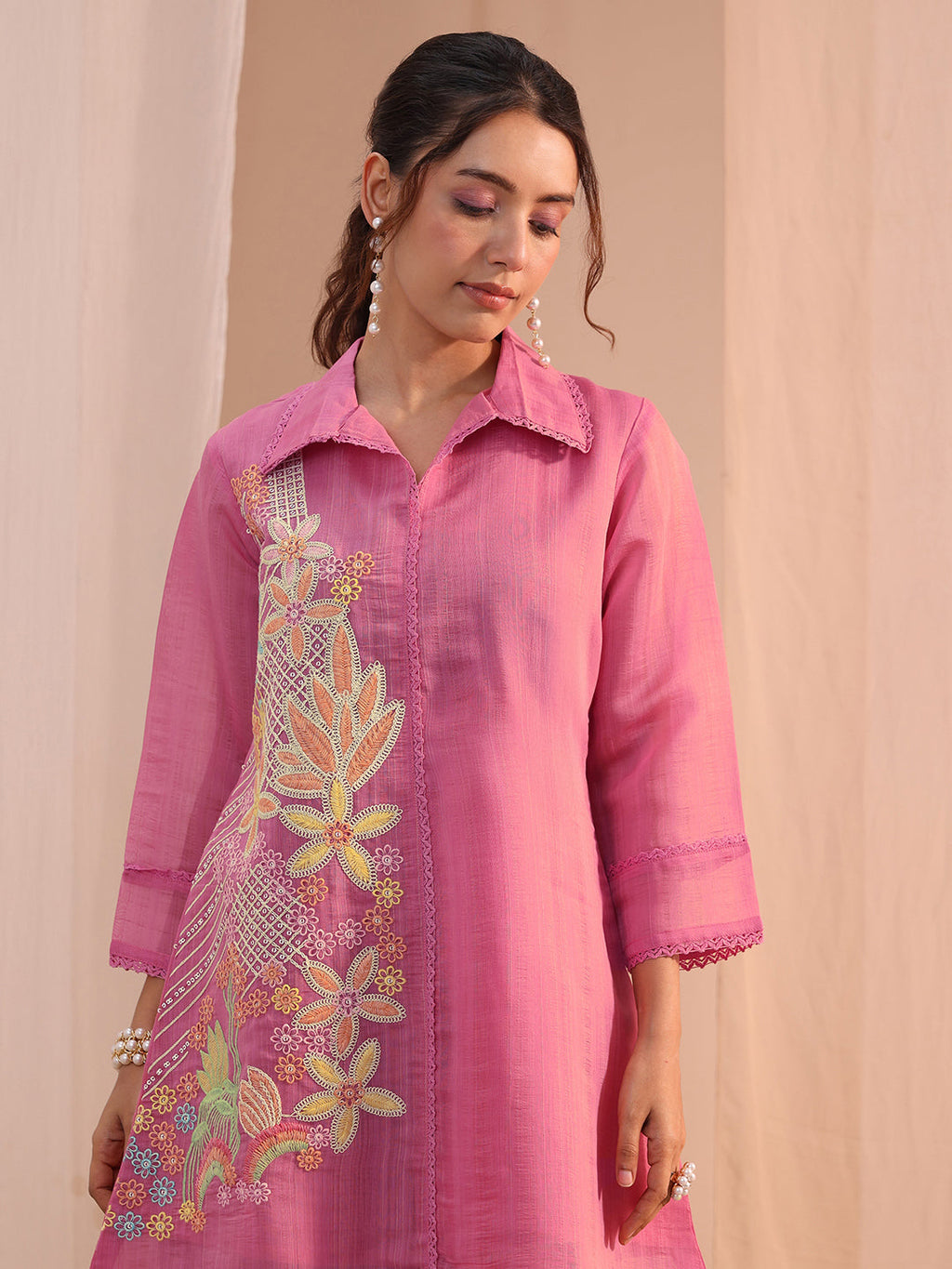 Libas Pink Floral Embroidered Chanderi Cotton Co-Ord Set