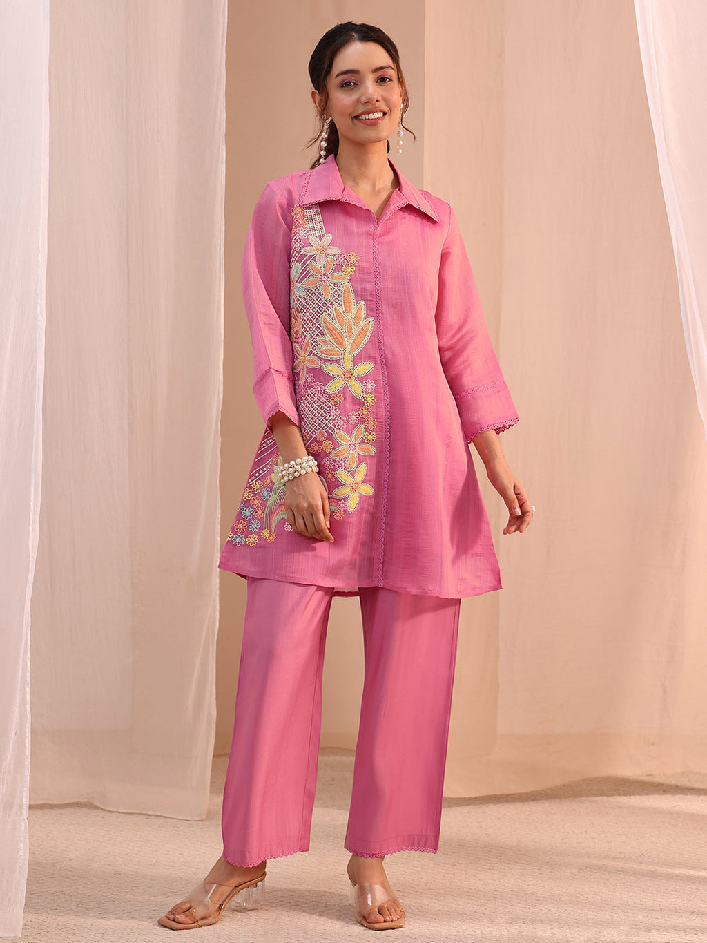 Libas Pink Floral Embroidered Chanderi Cotton Co-Ord Set