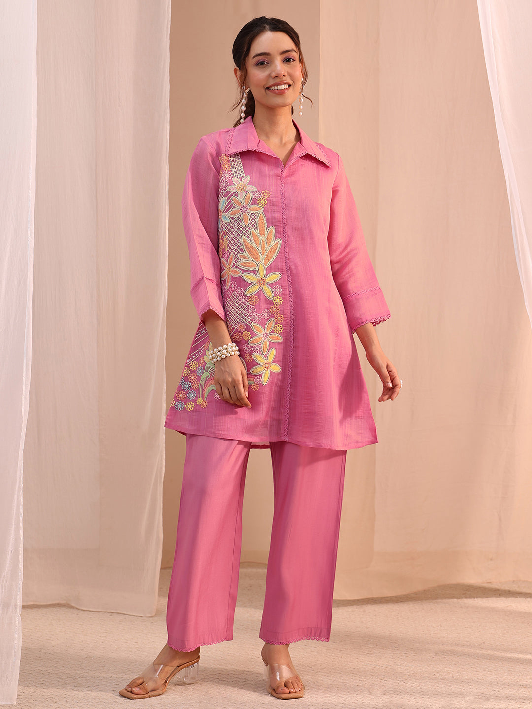Libas Pink Floral Embroidered Chanderi Cotton Co-Ord Set