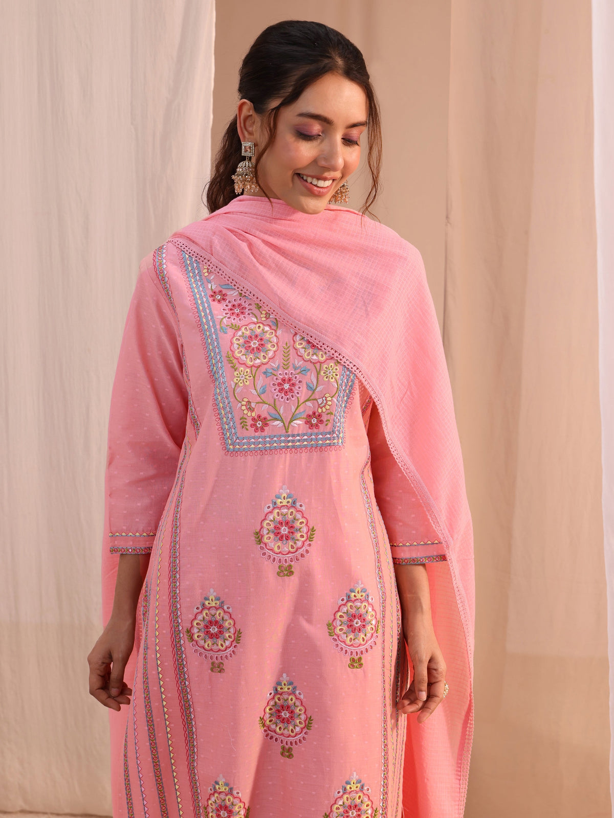 Libas Peach Floral Embroidered Cotton Blend Straight Suit Set
