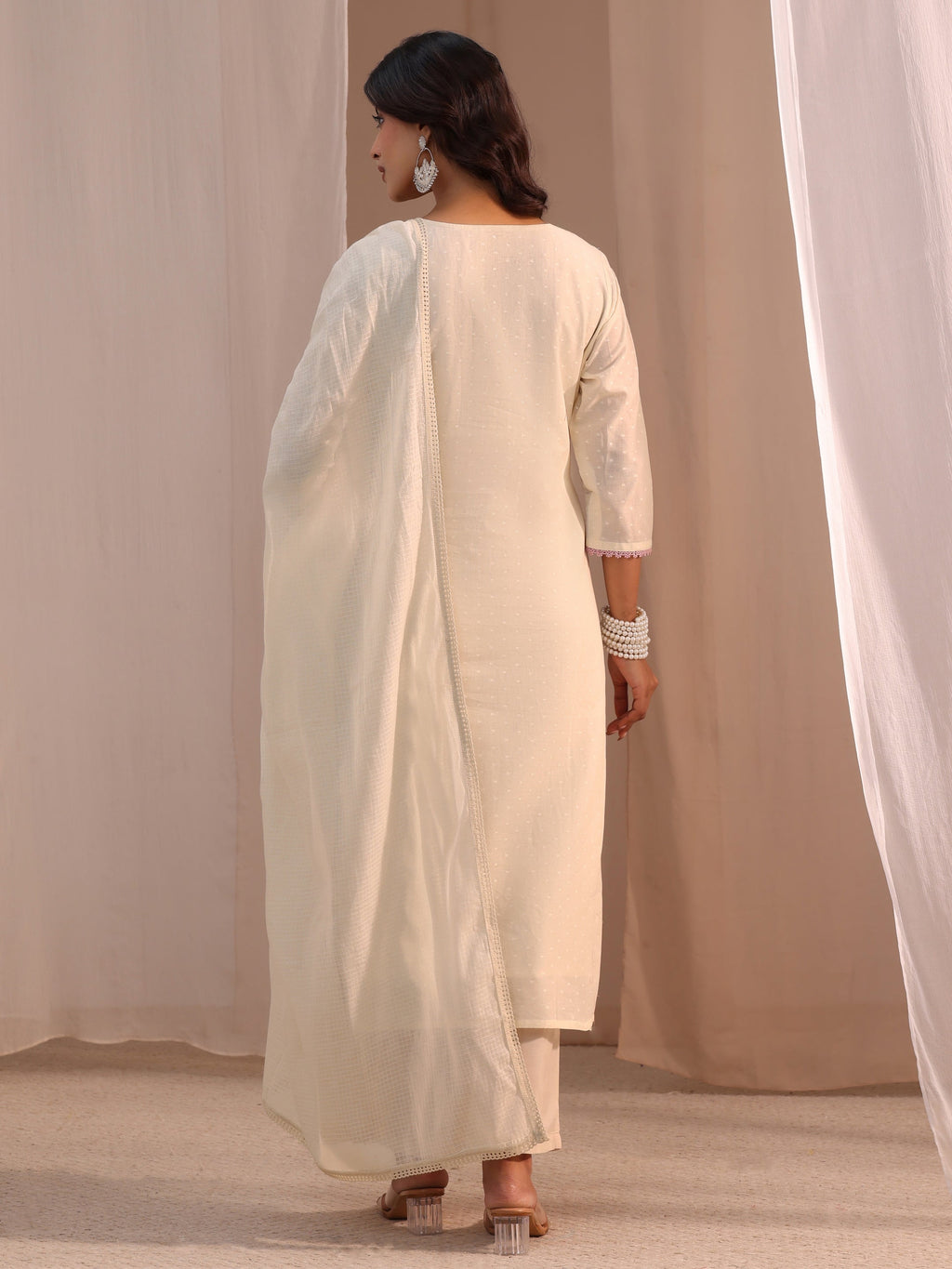 Libas Off White Embroidered Cotton Blend Straight Suit Set