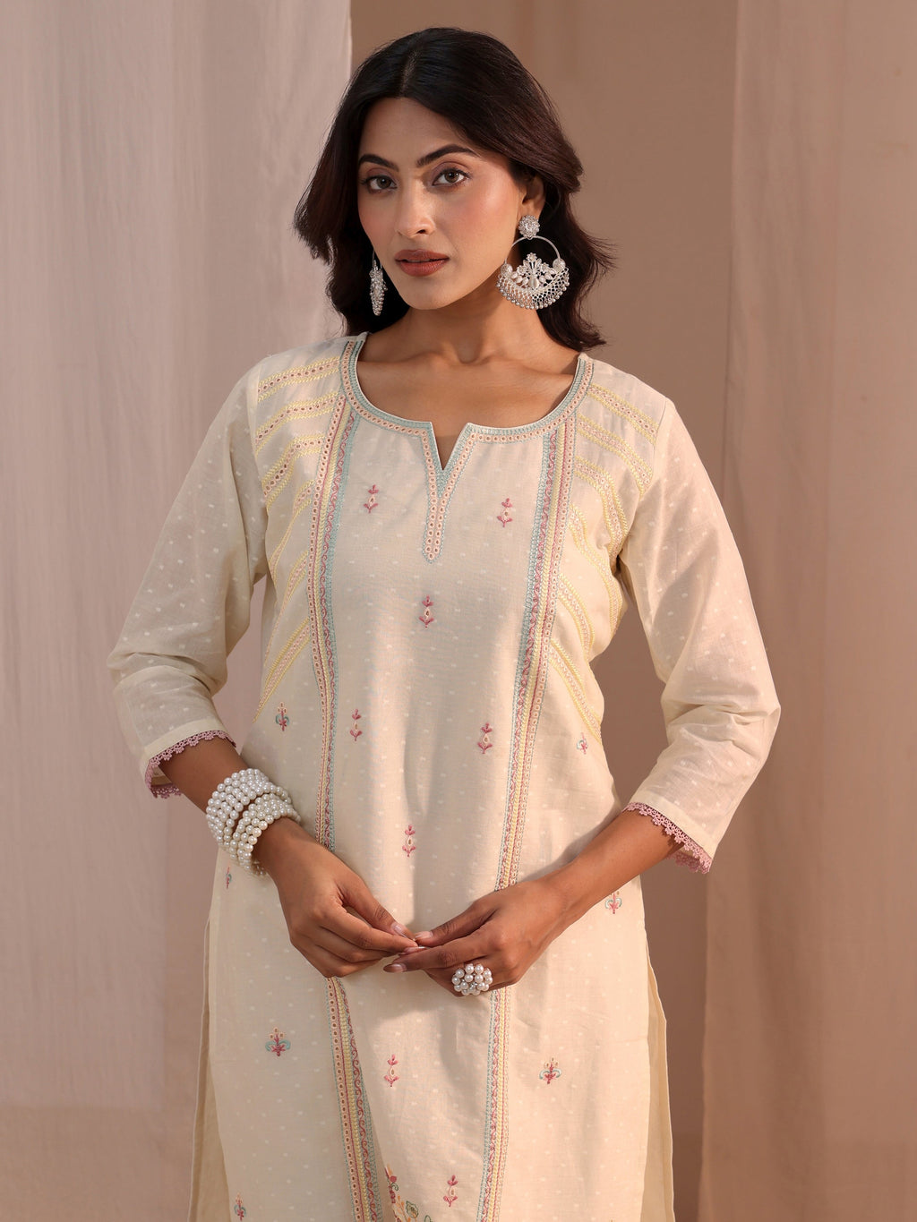 Libas Off White Embroidered Cotton Blend Straight Suit Set