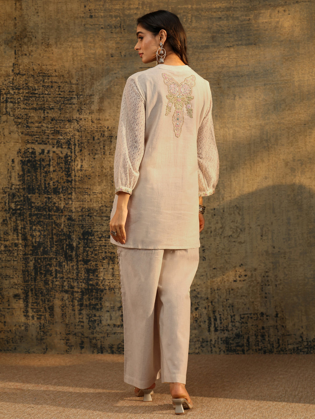 Libas Off white Floral Embroidered Cotton Straight Kurta Set