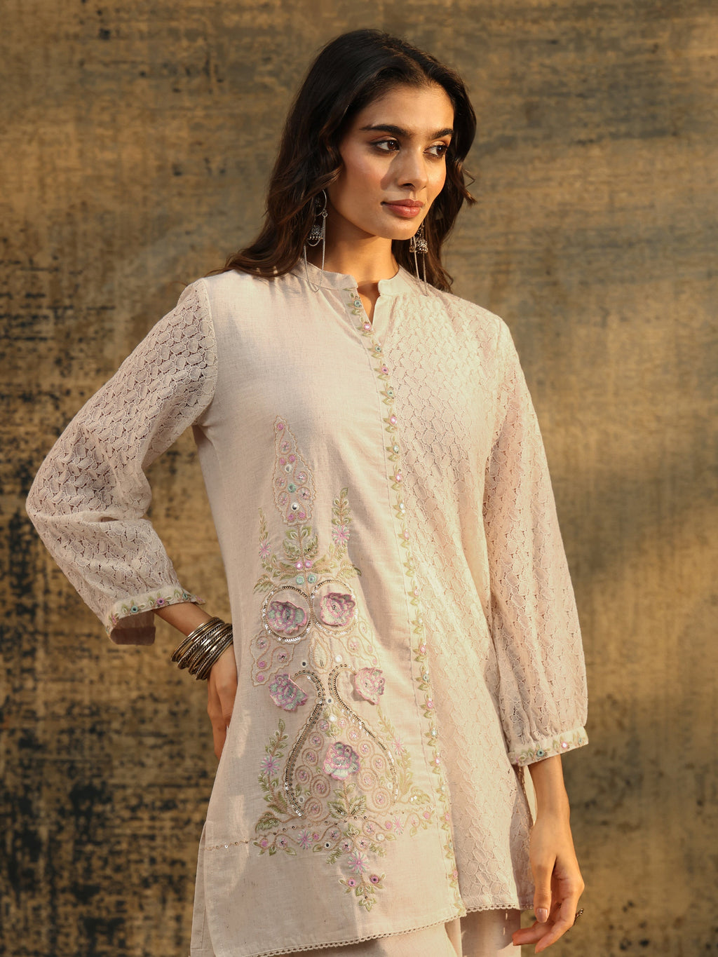 Libas Off white Floral Embroidered Cotton Straight Kurta Set