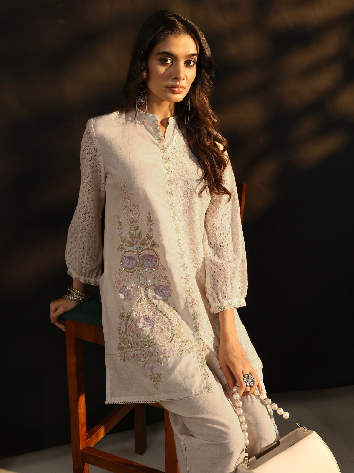 Libas Off white Floral Embroidered Cotton Straight Kurta Set
