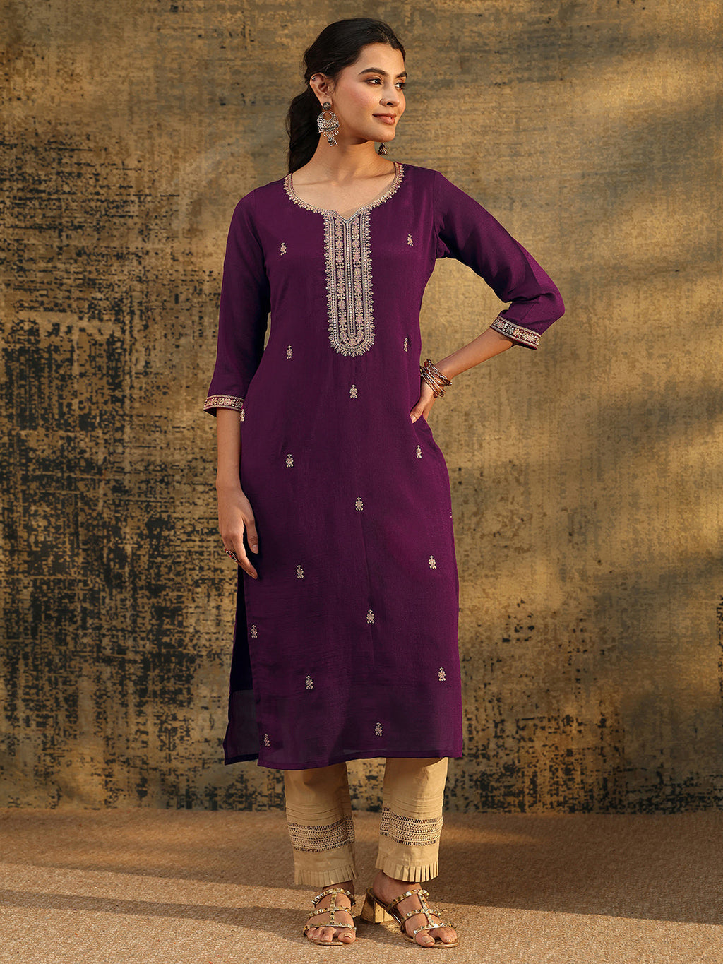 Libas Dark Purple Embroidered Silk Blend Straight Kurta