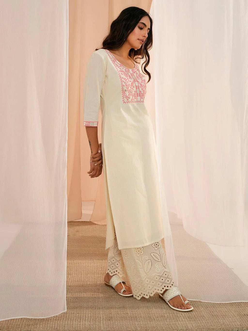 Libas Off White Embroidered Cotton Wide Leg Palazzos