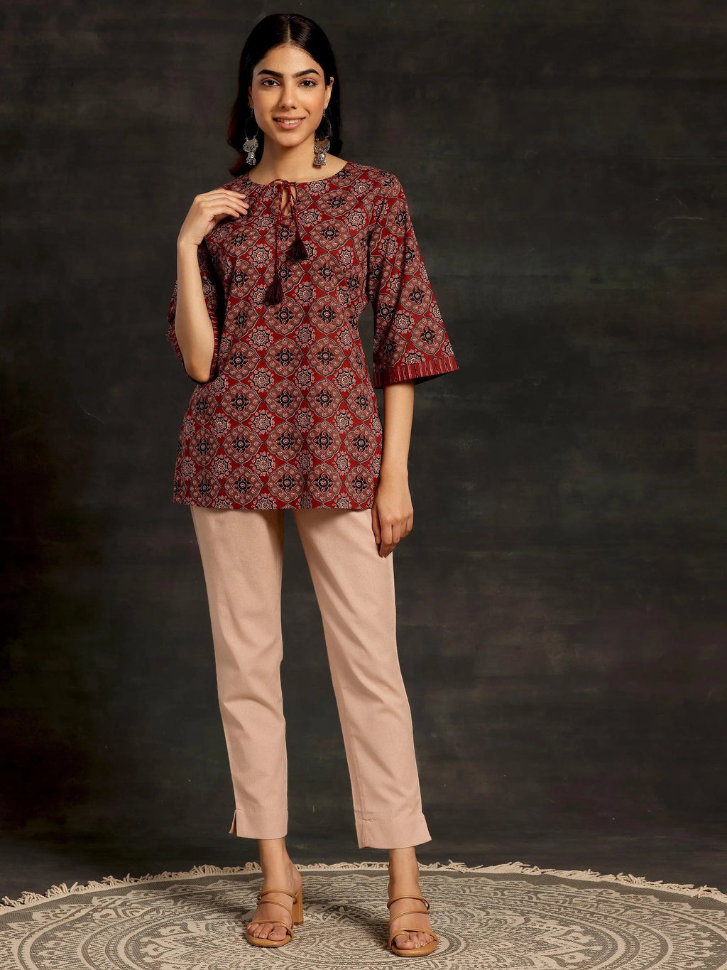 Libas Peach Solid Cotton Straight Fit Trousers