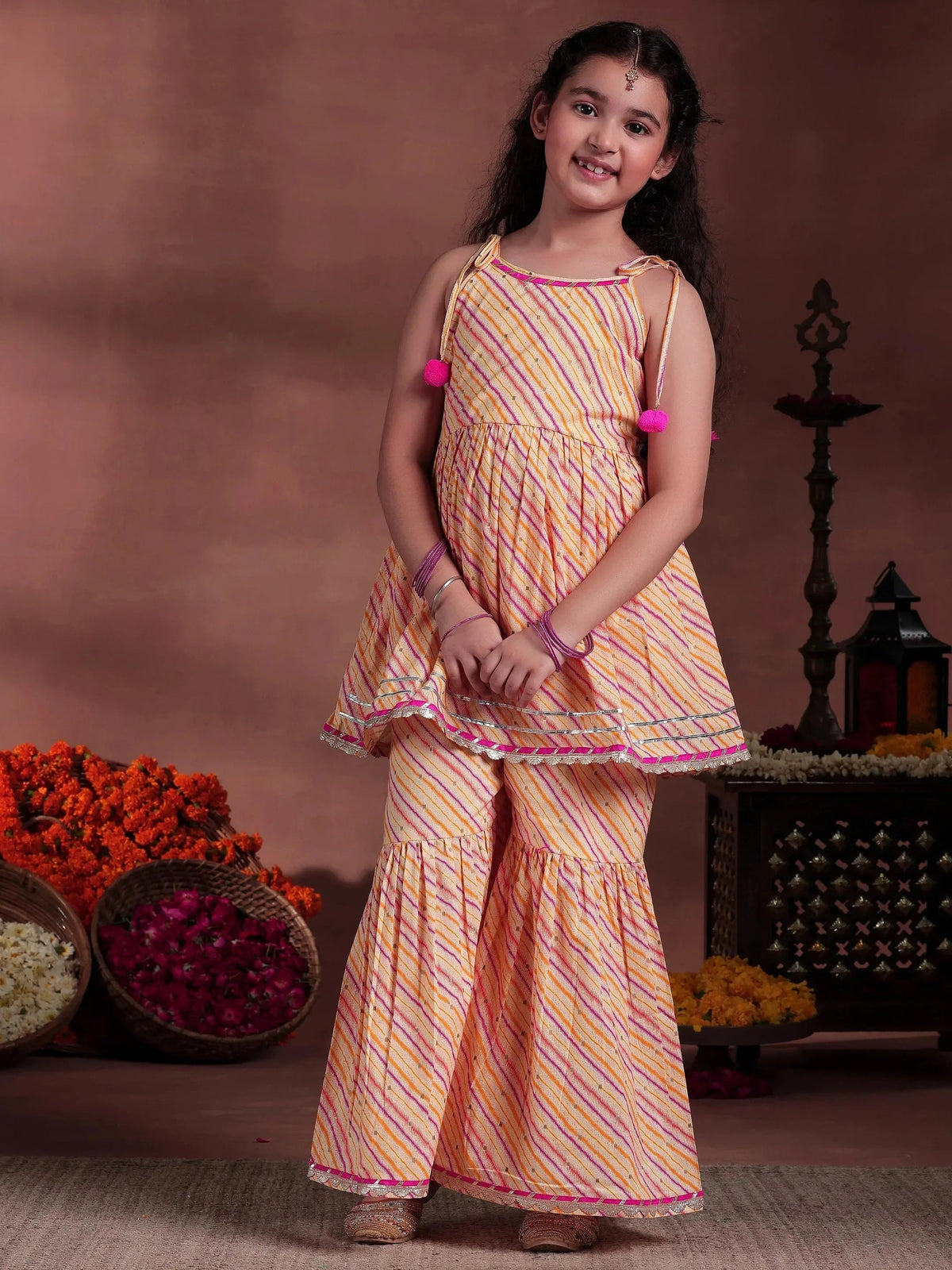 Kids Yellow Printed Cotton A-Line Kurta With Sharara