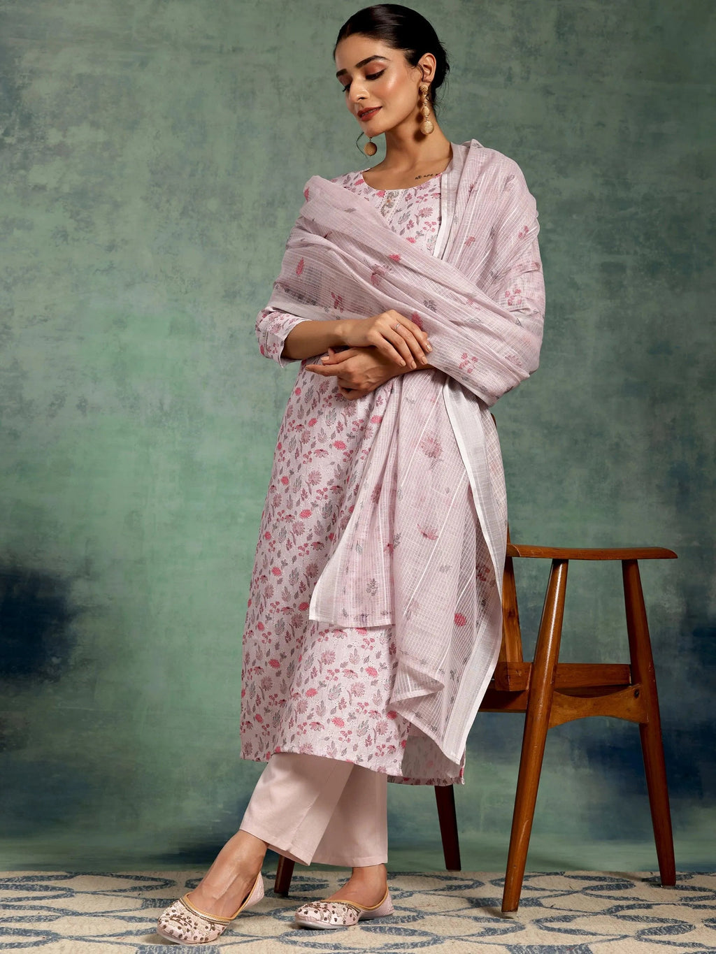 Libas Lilac Printed Cotton Straight Suit With Dupatta