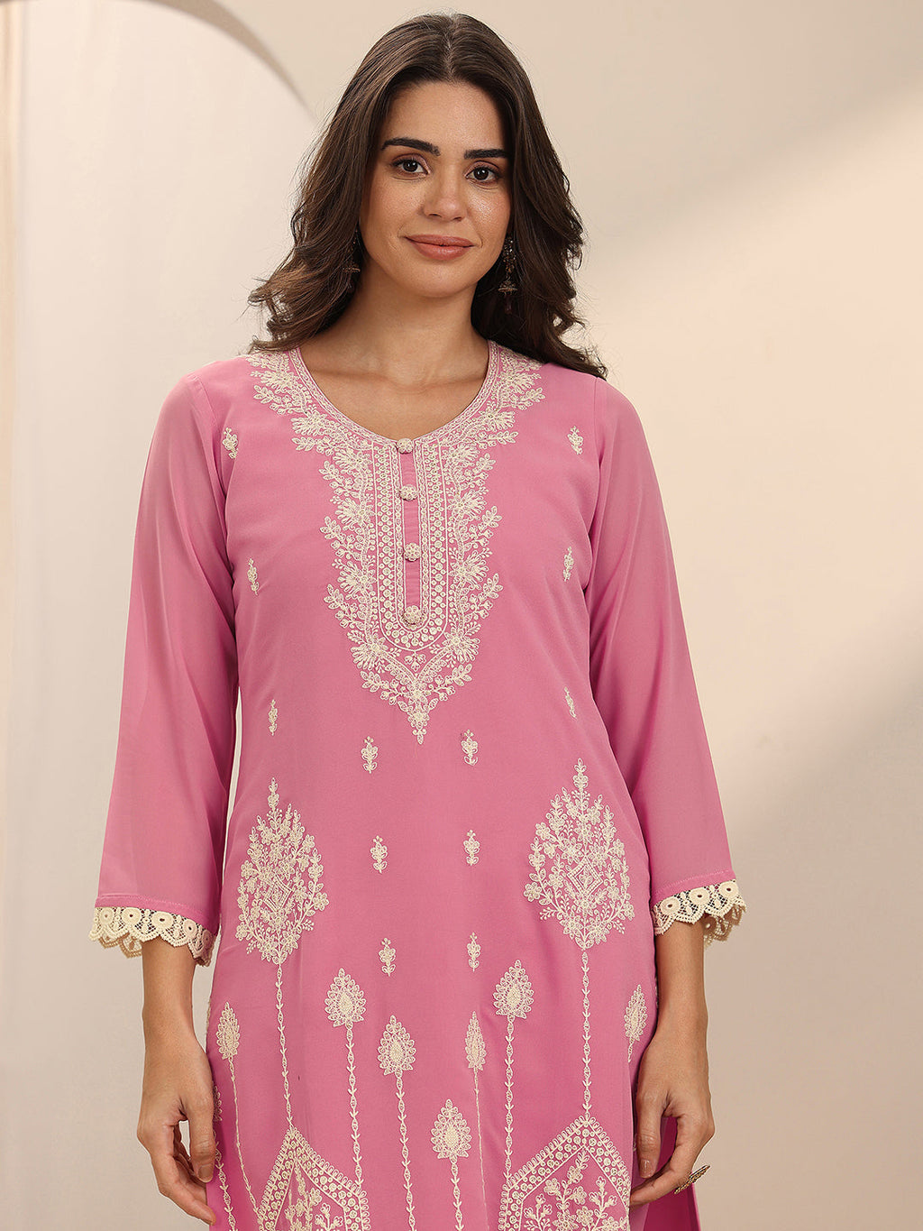 Libas Pink Embroidered Georgette Straight Suit Set With Dupatta