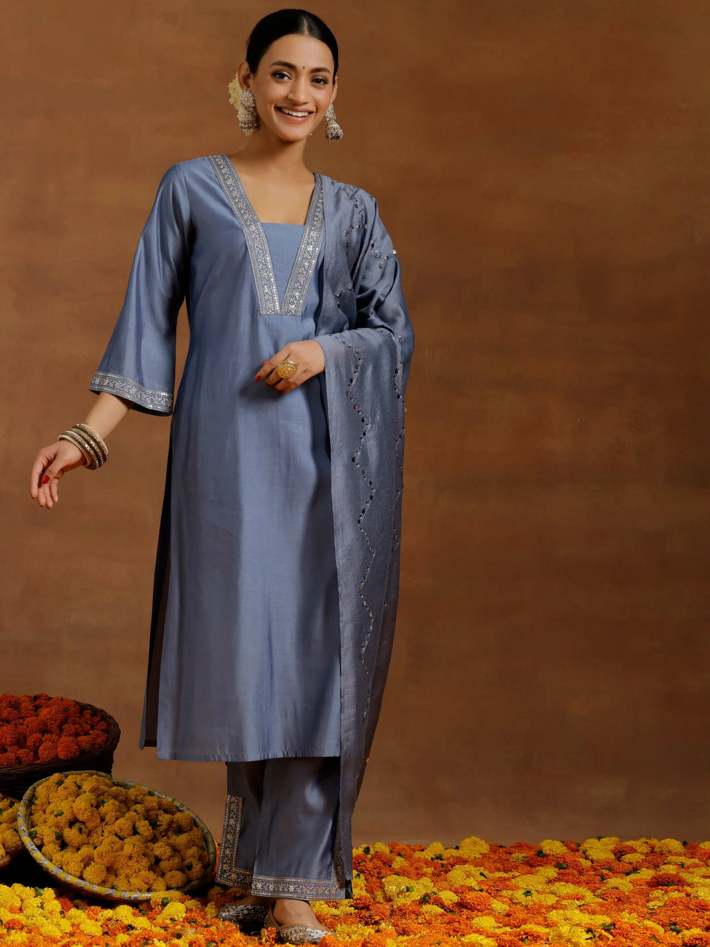 Gerua Grey Yoke Design Silk Blend Straight Suit With Dupatta