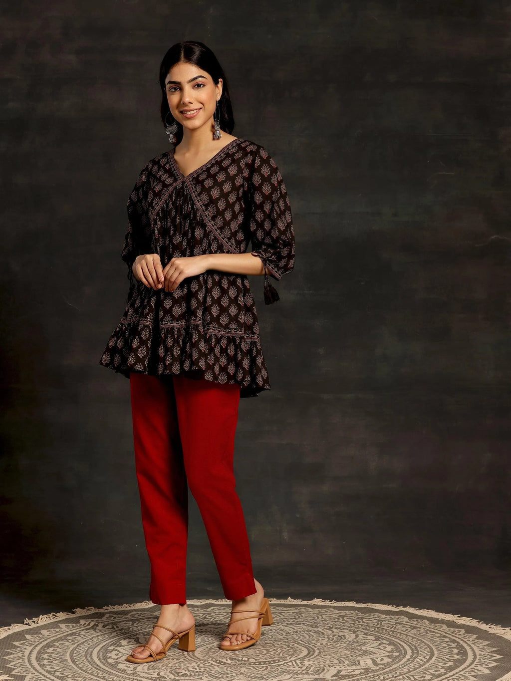 Libas Maroon Solid Cotton Straight Fit Trousers