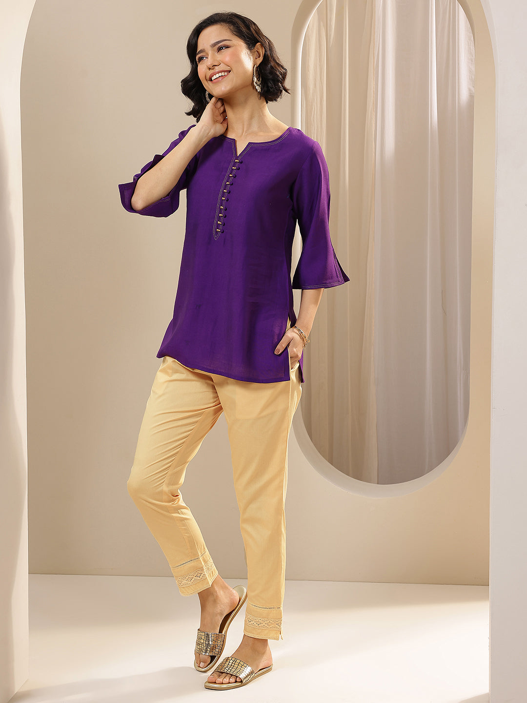 Libas Beige Solid Cotton Trousers