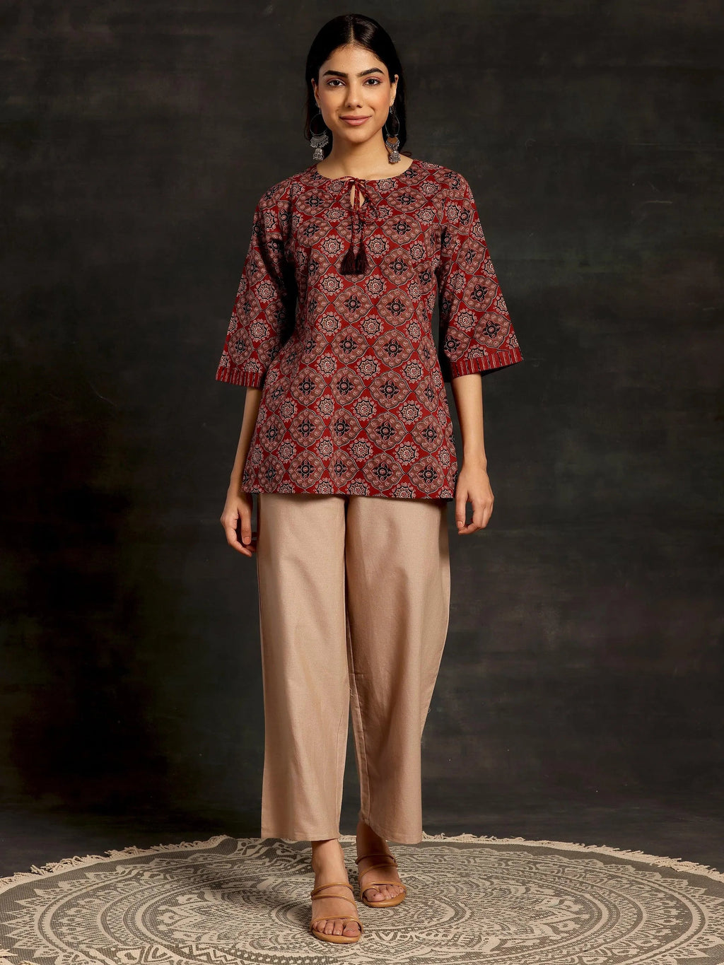 Libas Beige Solid Cotton Wide Leg Palazzos
