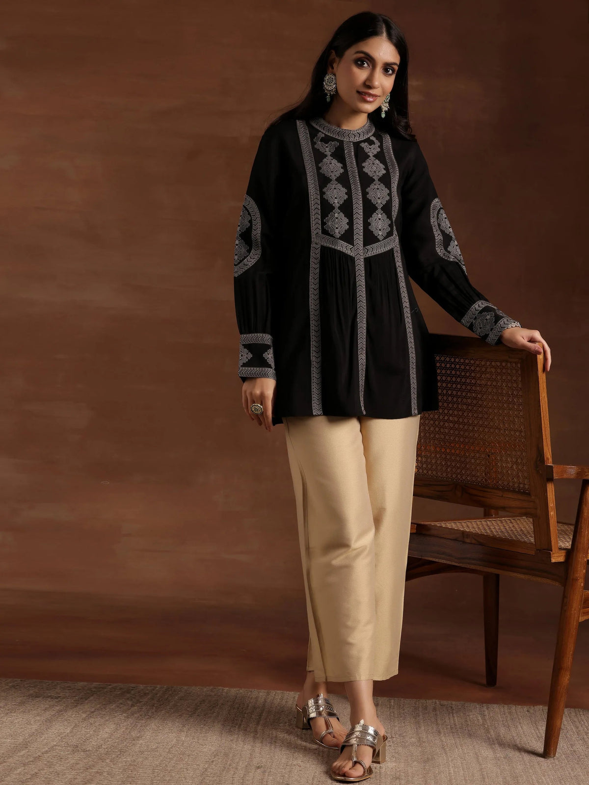 Libas Beige Solid Silk Palazzos