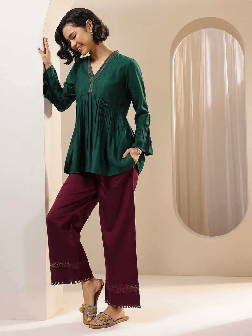 Libas Maroon Solid Cotton Palazzos
