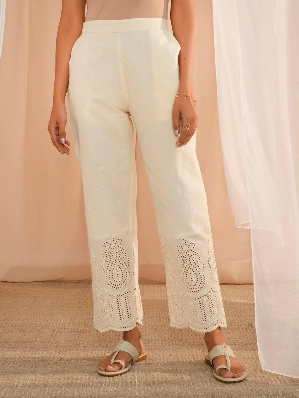 Libas Off White Embroidered Cotton Straight Fit Palazzos
