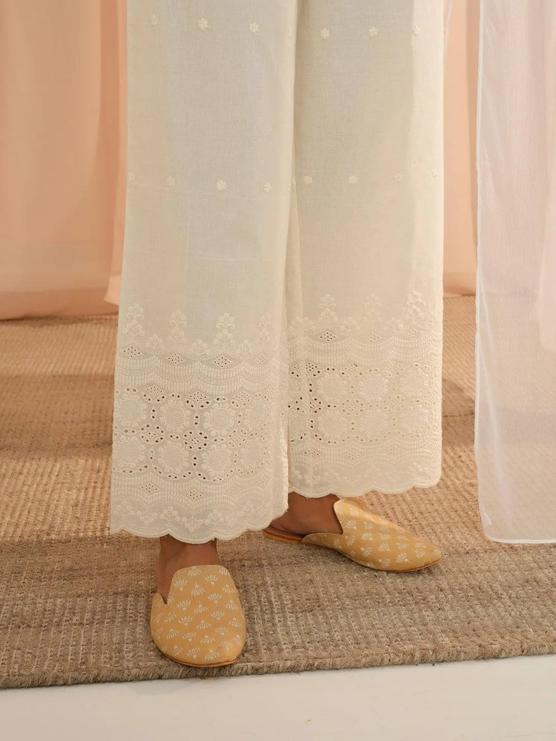 Libas Off White Embroidered Cotton Wide Leg Palazzos