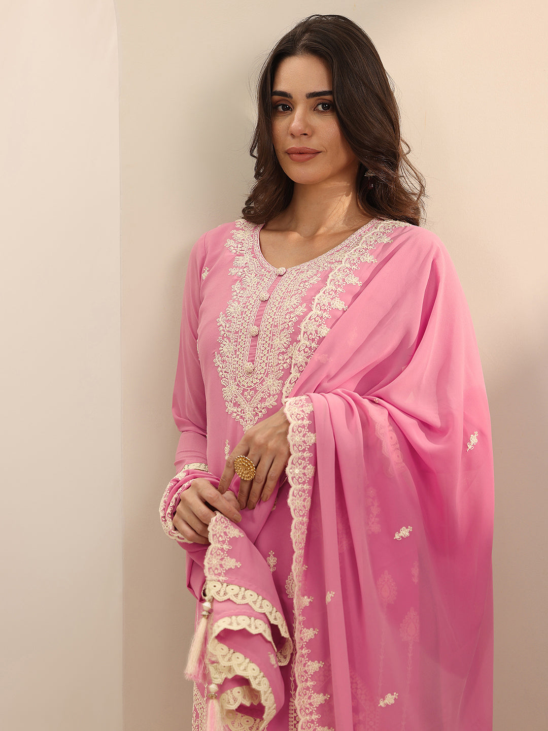 Libas Pink Embroidered Georgette Straight Suit Set With Dupatta