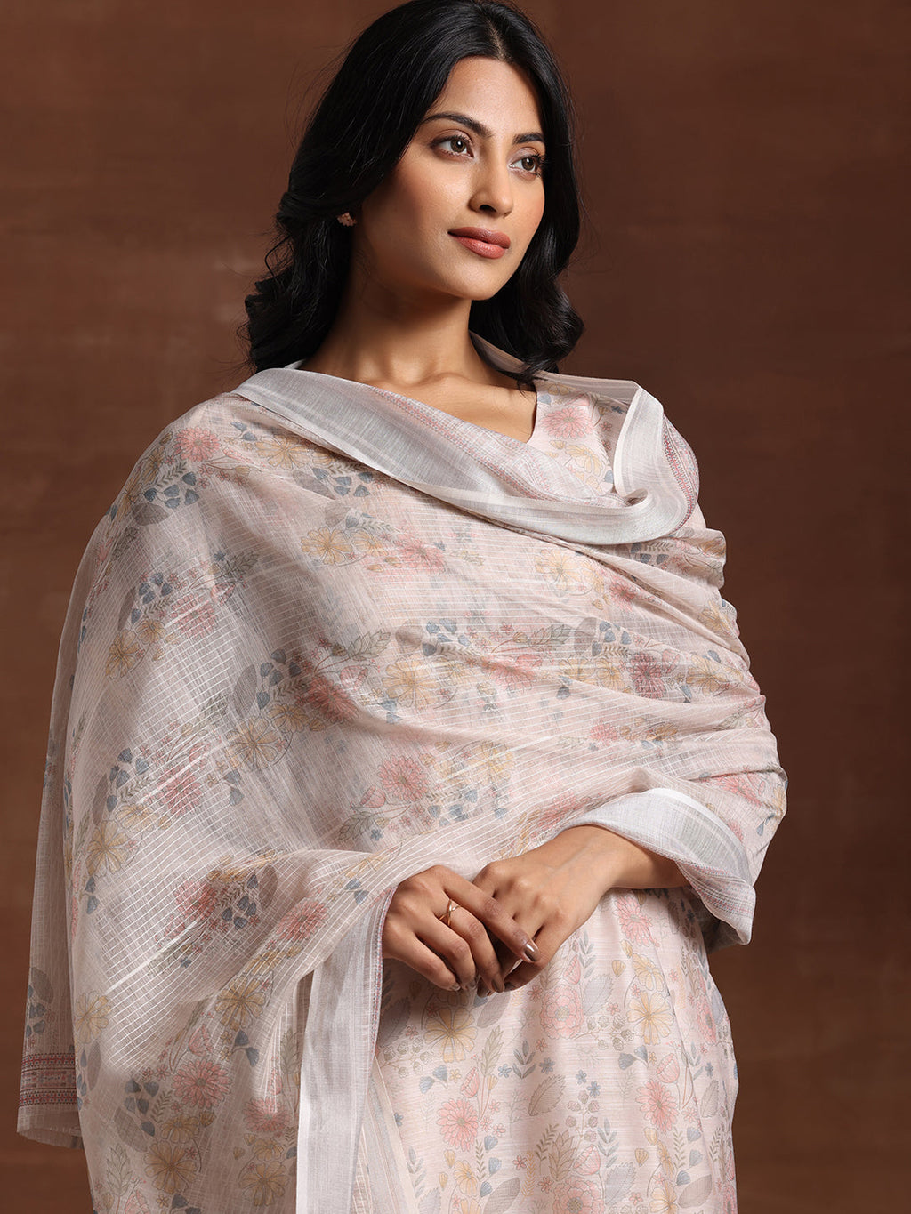 Libas Beige Printed Chanderi Silk Straight Suit With Dupatta