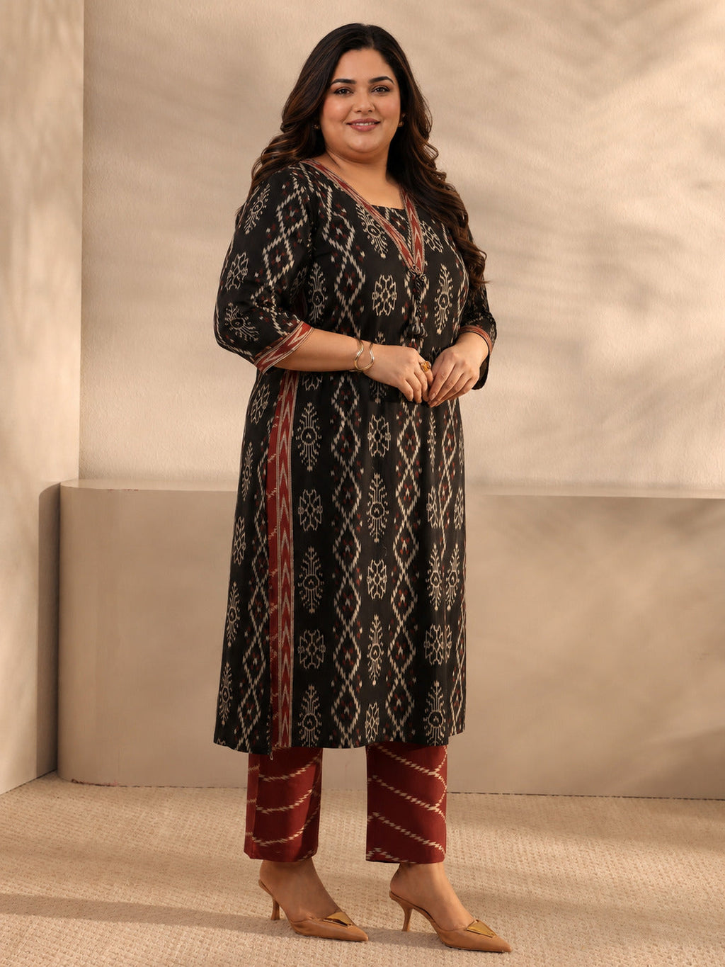 Plus Size Black Ethnic Printed Cotton Straight Suit Set With Dupatta
