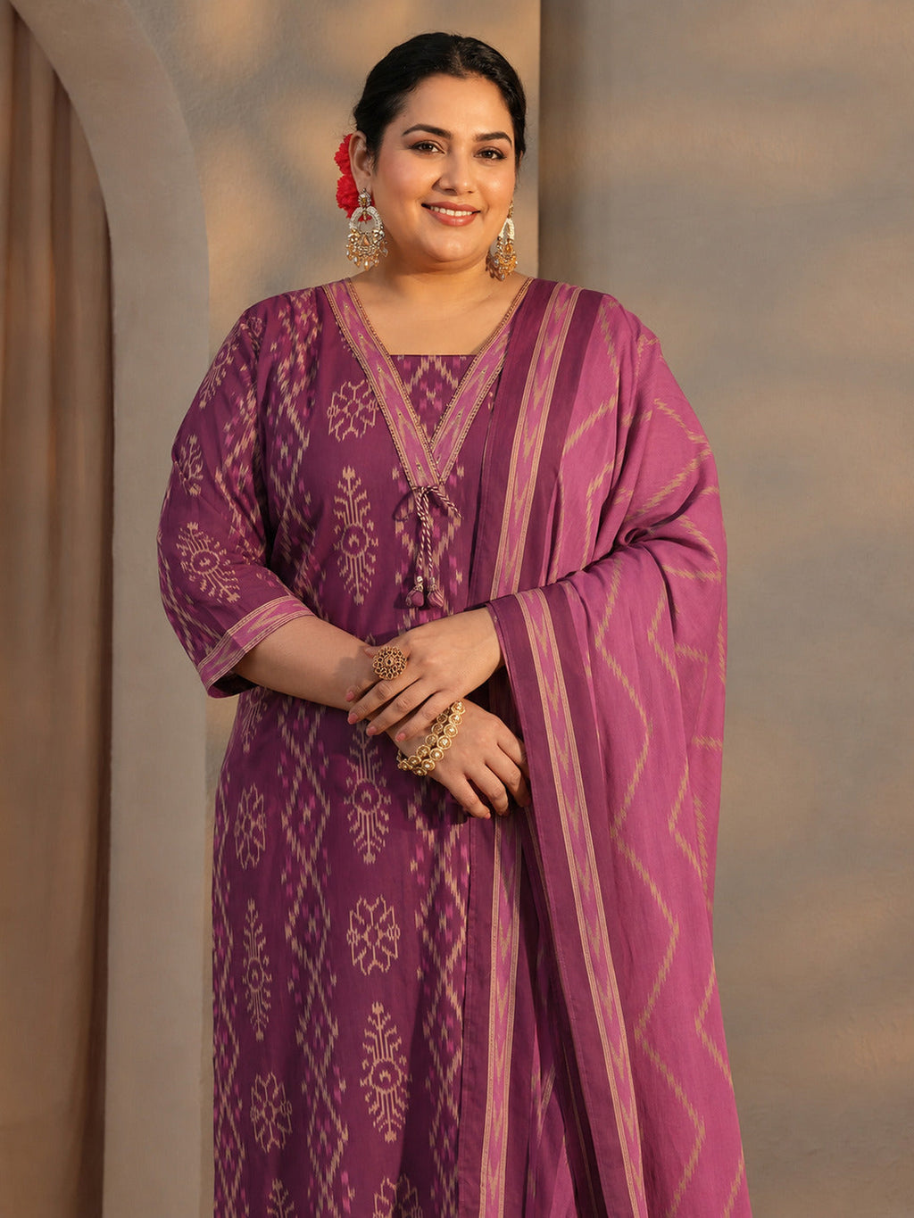 Plus Size Purple Printed Cotton Straight Suit Set With Dupatta