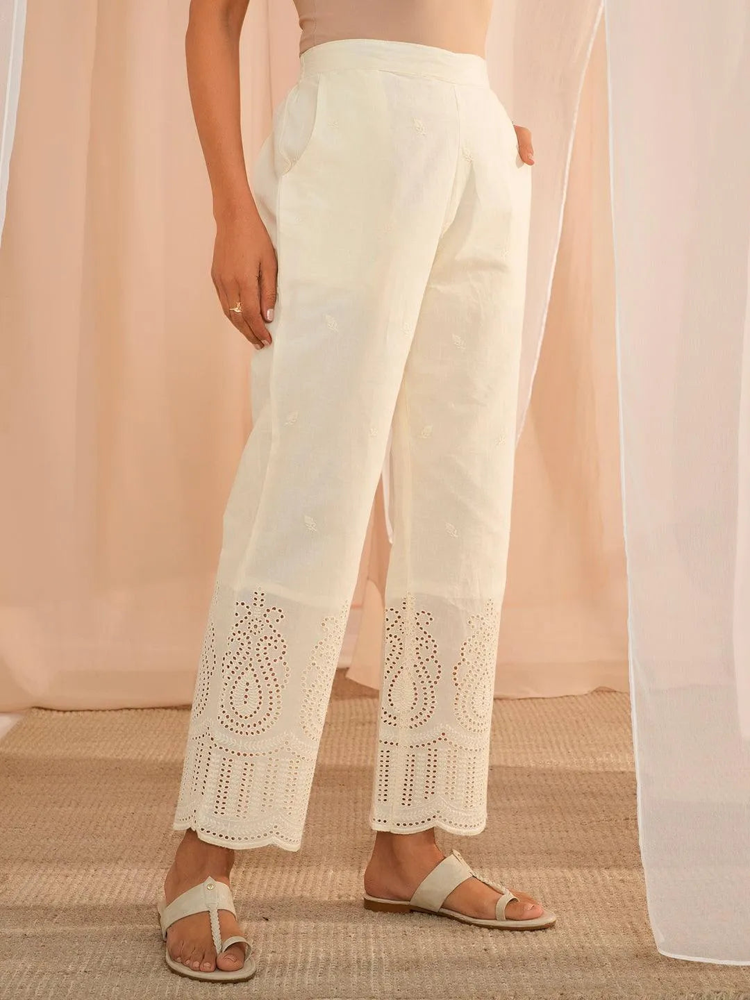 Libas Off White Embroidered Cotton Straight Fit Palazzos
