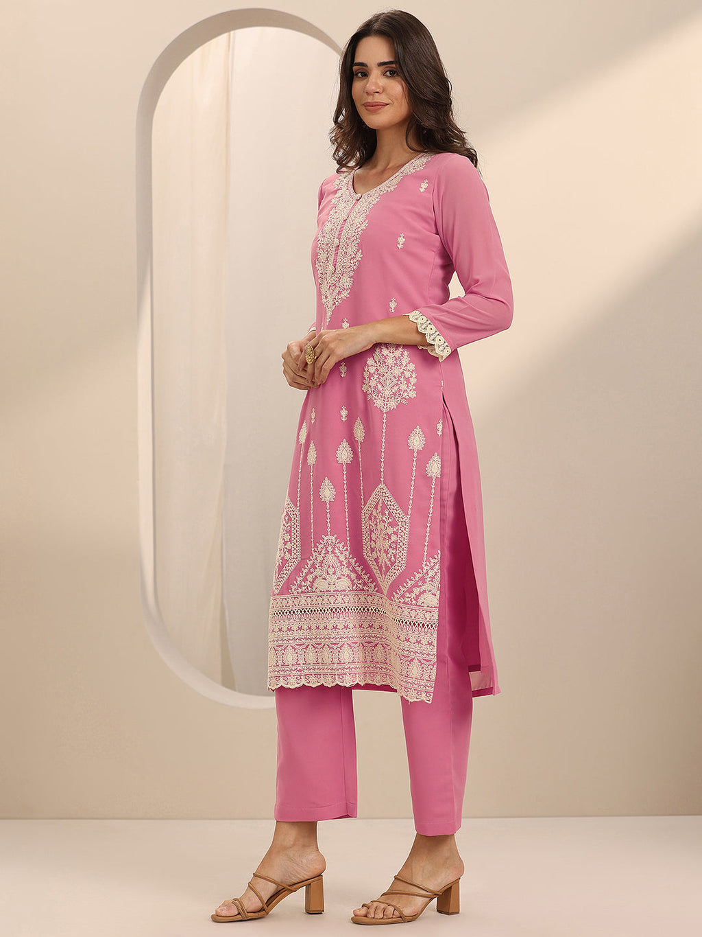 Libas Pink Embroidered Georgette Straight Suit Set With Dupatta