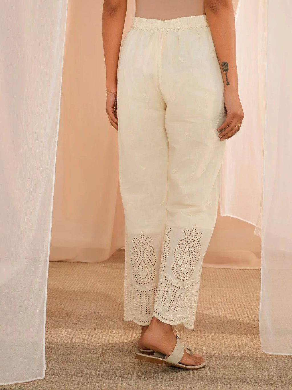 Libas Off White Embroidered Cotton Straight Fit Palazzos