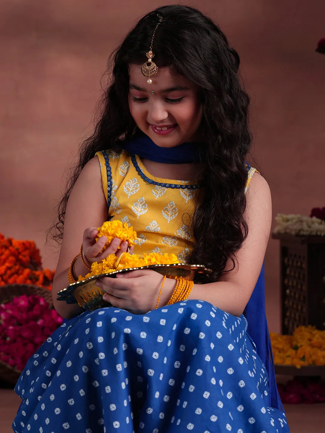 Libas Kids Yellow Cotton Printed Lehenga Set