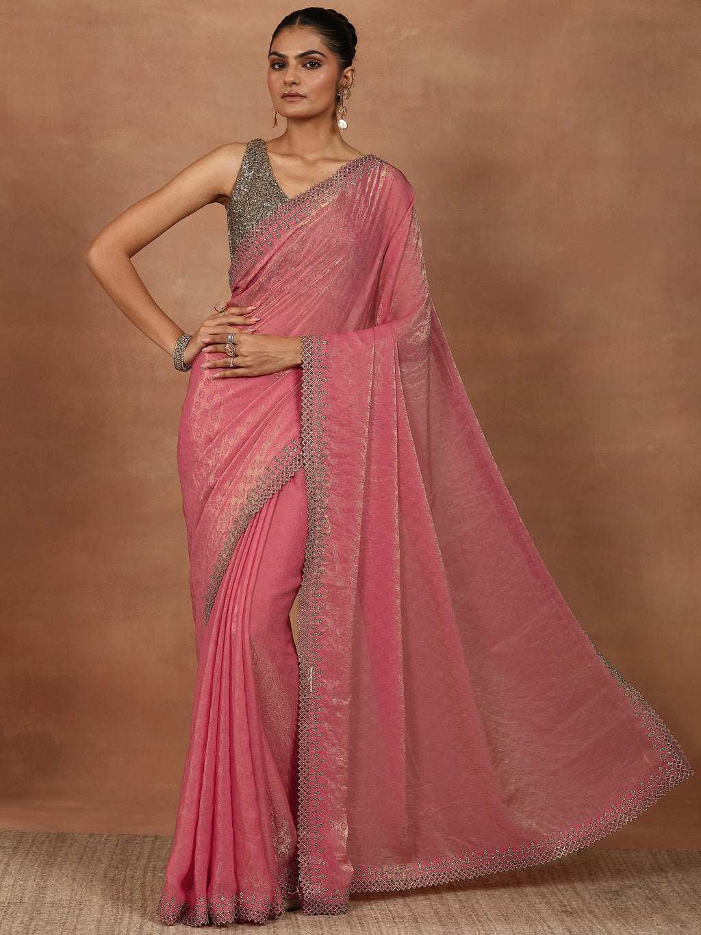 Libas Coral Embellished Chiffon Sarees With Unstitched Blouse Piece