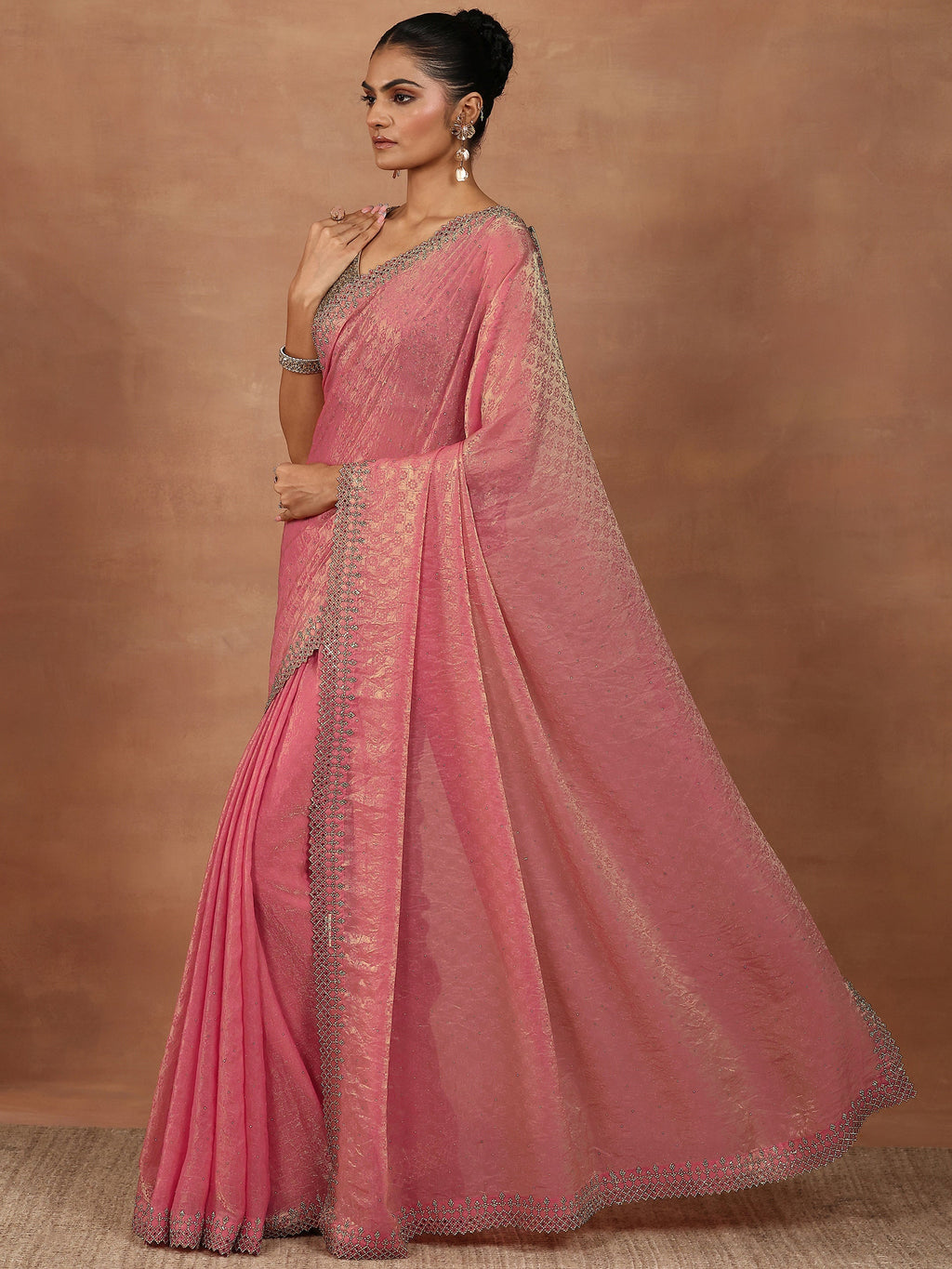 Libas Coral Embellished Chiffon Sarees With Unstitched Blouse Piece