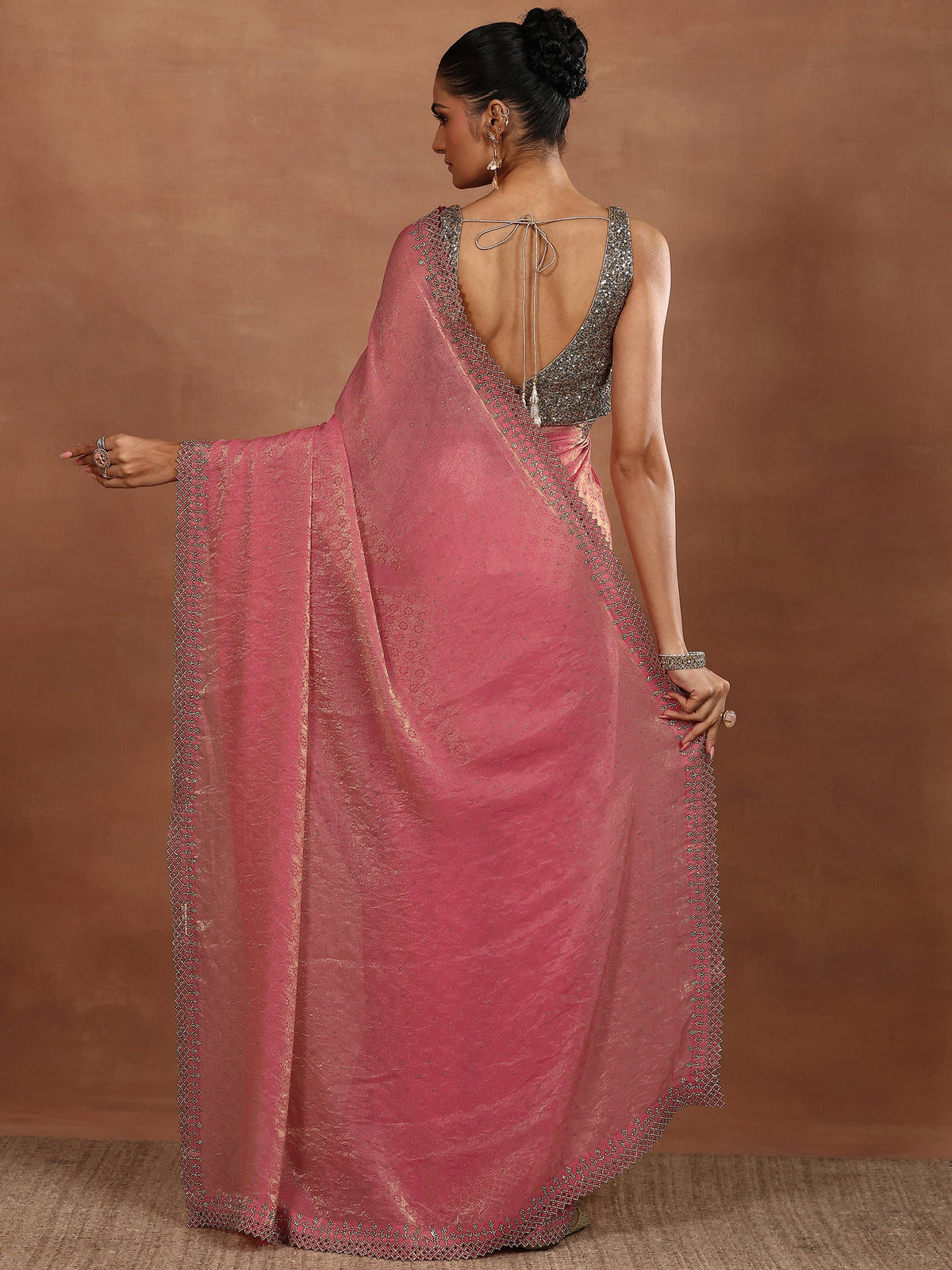Libas Coral Embellished Chiffon Sarees With Unstitched Blouse Piece
