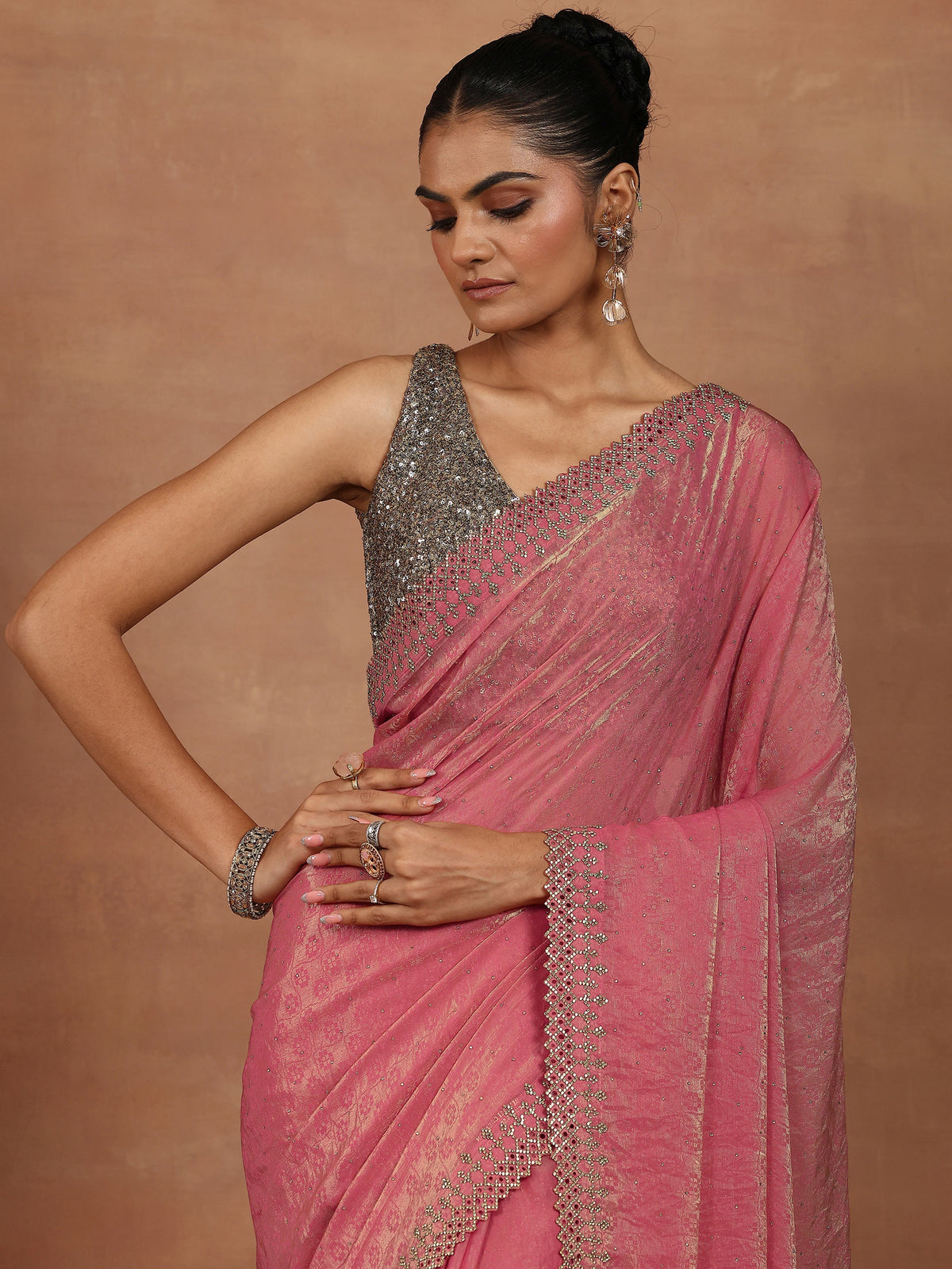 Libas Coral Embellished Chiffon Sarees With Unstitched Blouse Piece