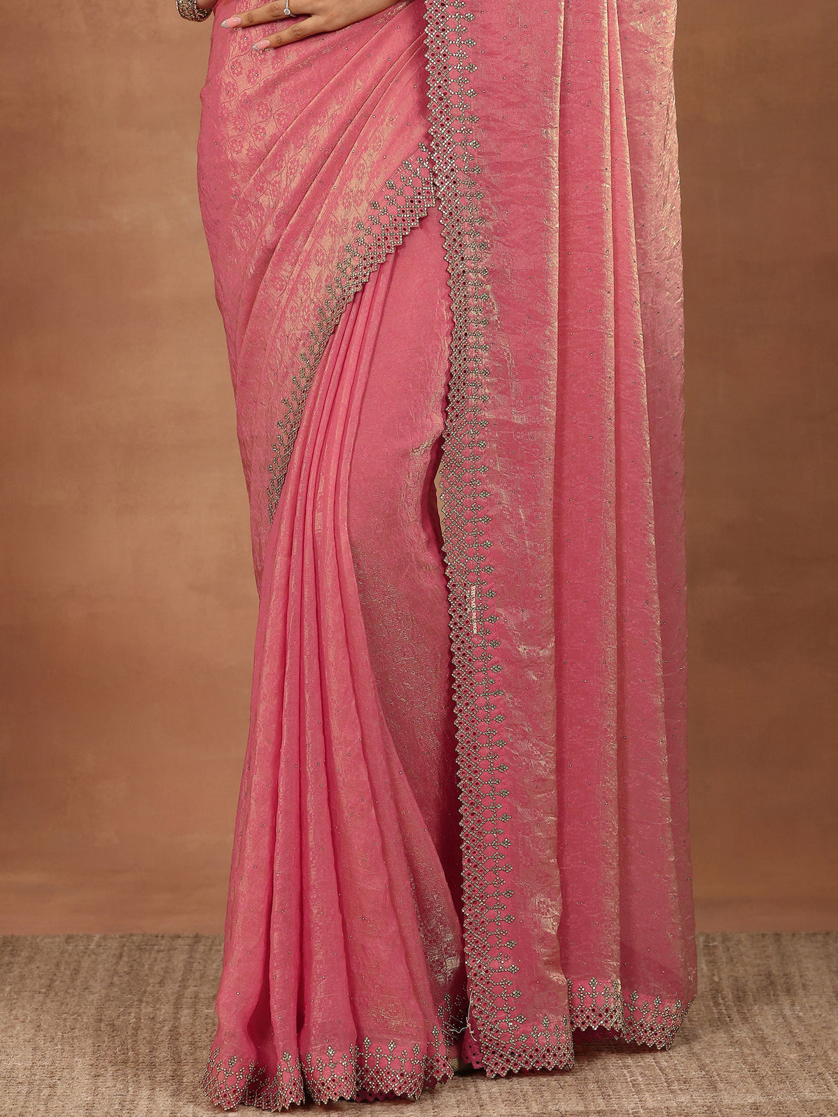 Libas Coral Embellished Chiffon Sarees With Unstitched Blouse Piece