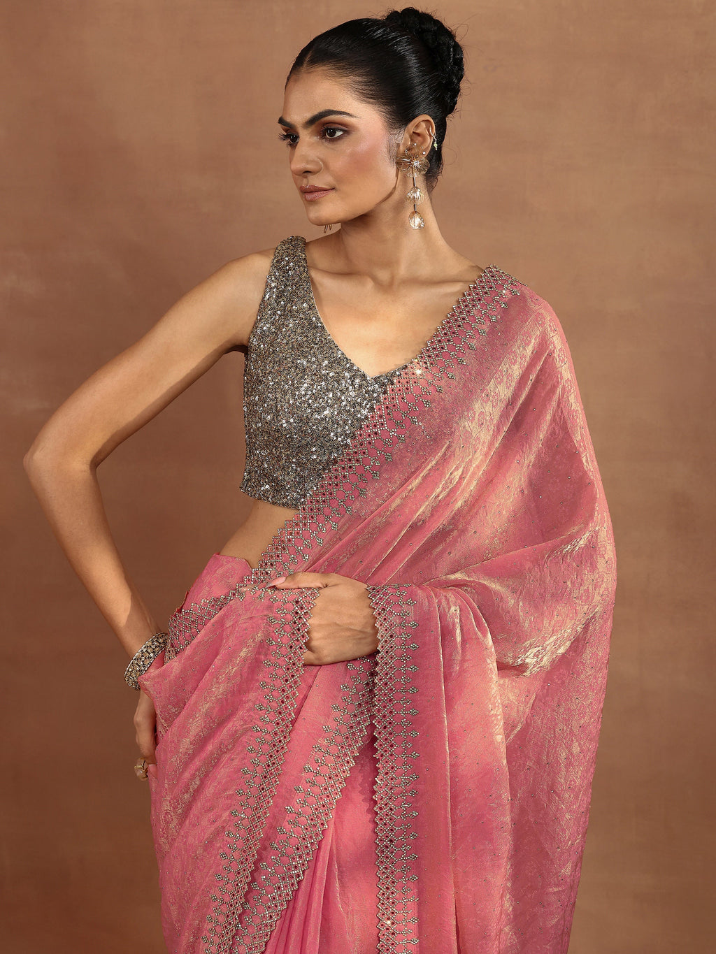 Libas Coral Embellished Chiffon Sarees With Unstitched Blouse Piece