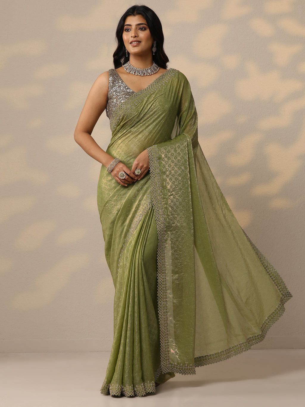 Libas Green Embellished Chiffon Sarees With Unstitched Blouse Piece