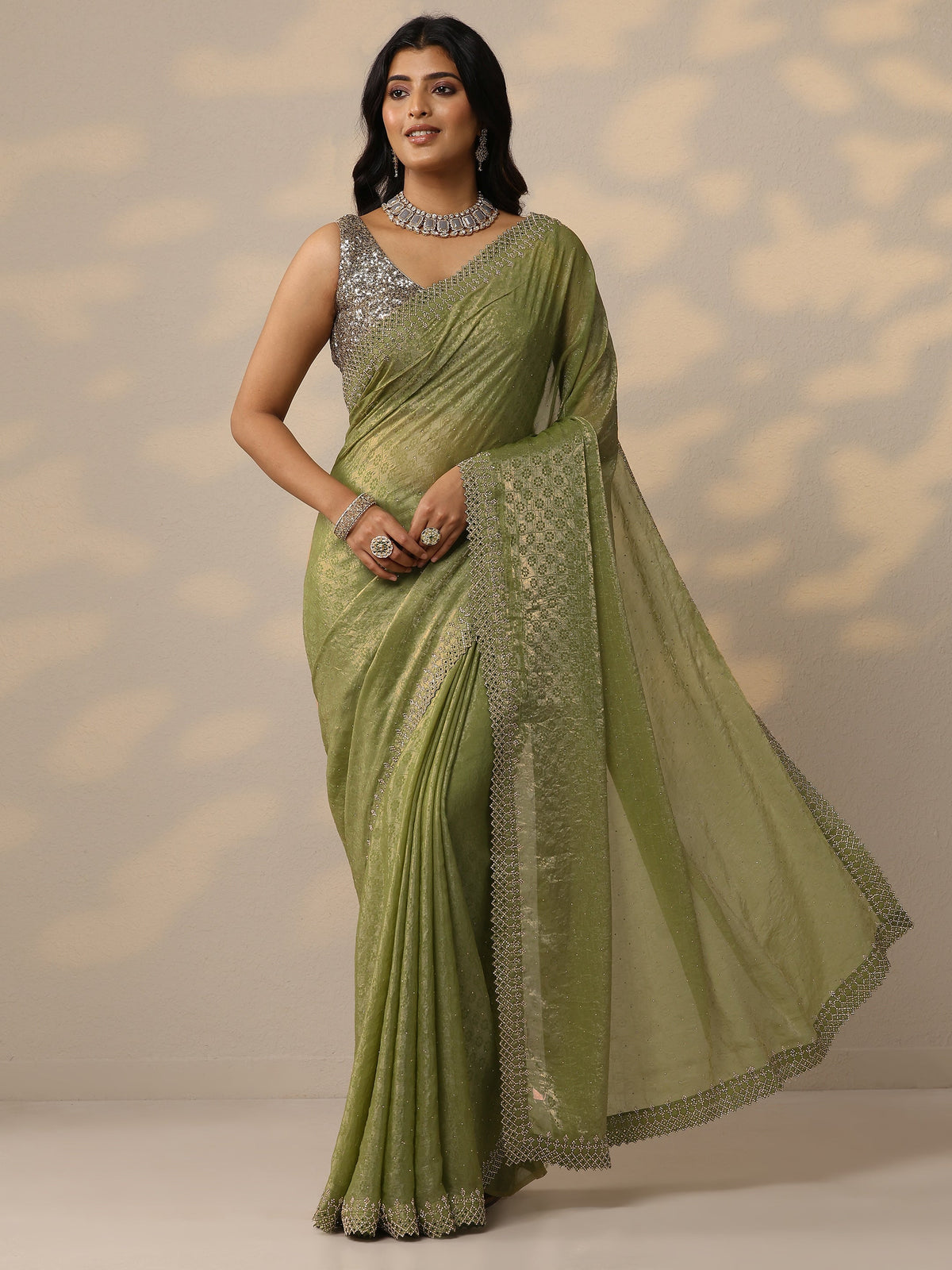 Libas Green Embellished Chiffon Sarees With Unstitched Blouse Piece