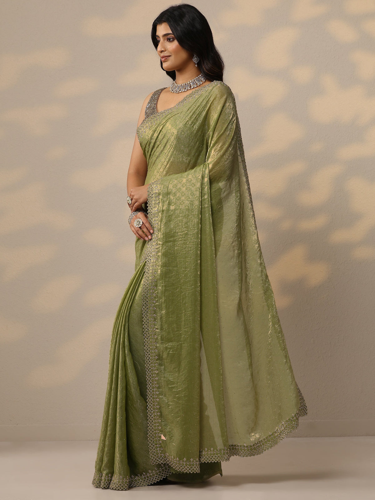 Libas Green Embellished Chiffon Sarees With Unstitched Blouse Piece