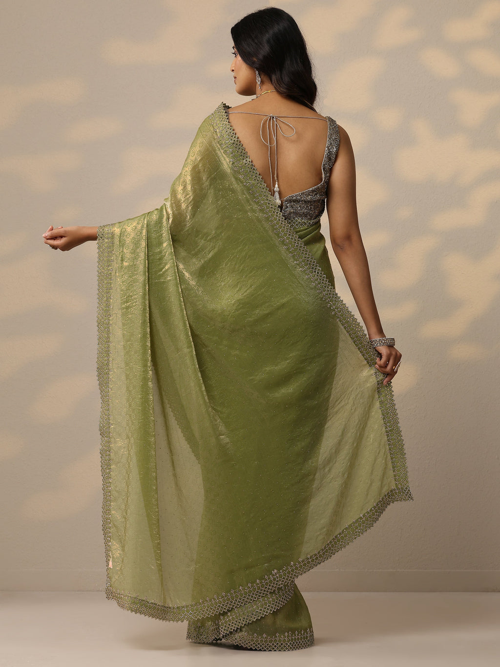 Libas Green Embellished Chiffon Sarees With Unstitched Blouse Piece