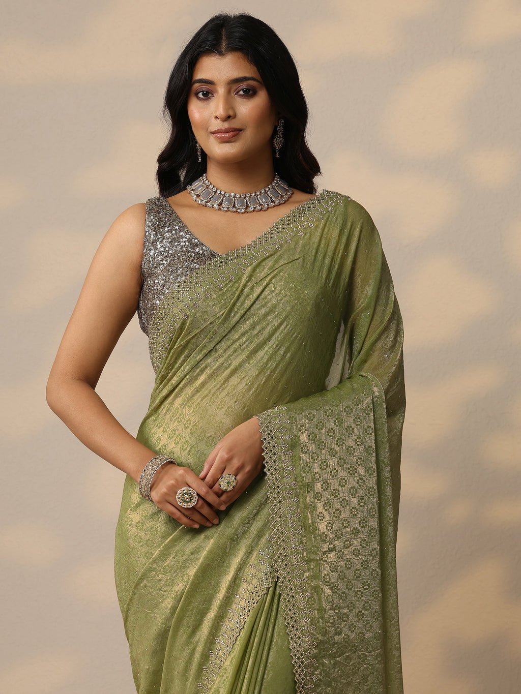 Libas Green Embellished Chiffon Sarees With Unstitched Blouse Piece