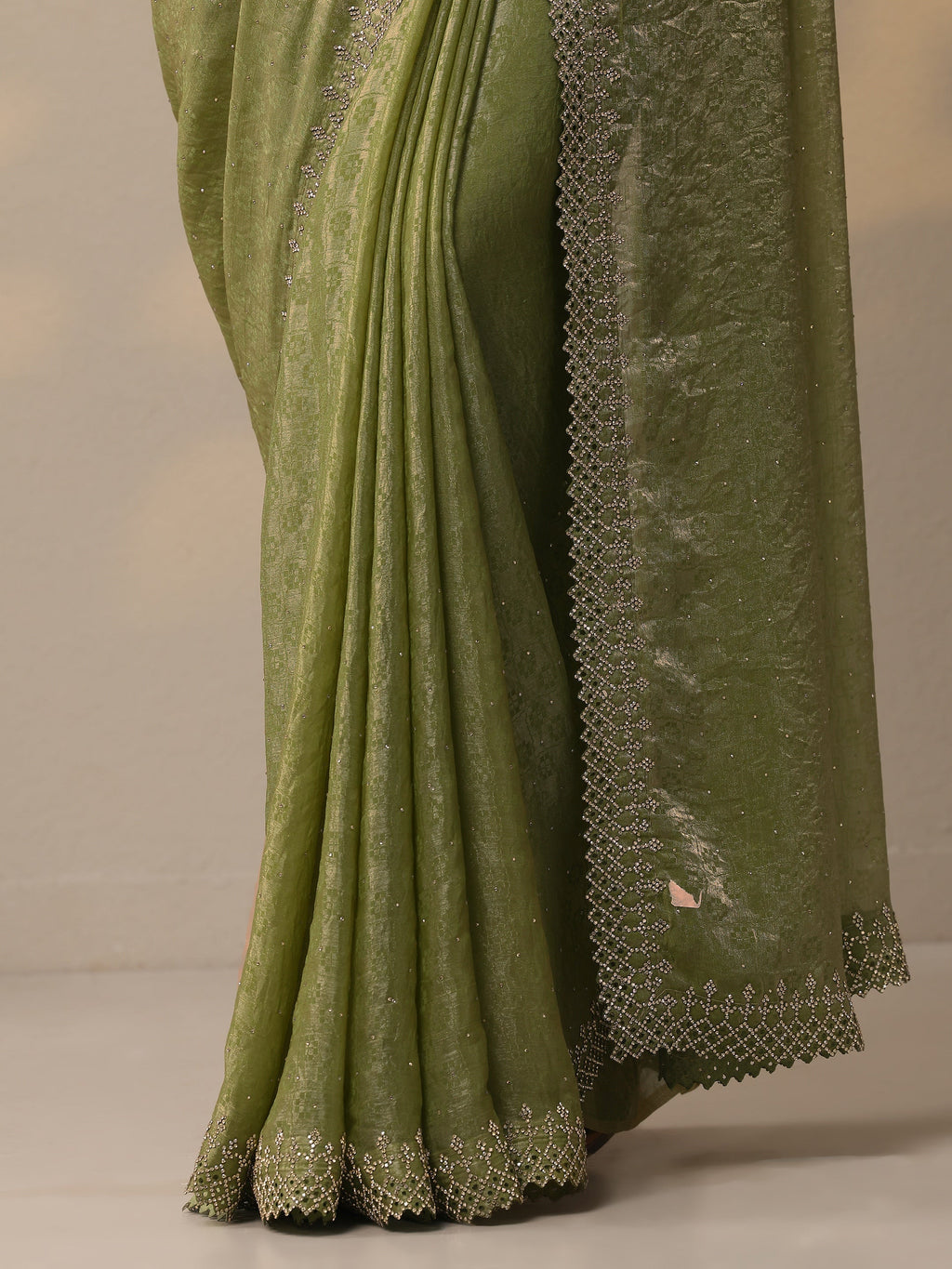 Libas Green Embellished Chiffon Sarees With Unstitched Blouse Piece