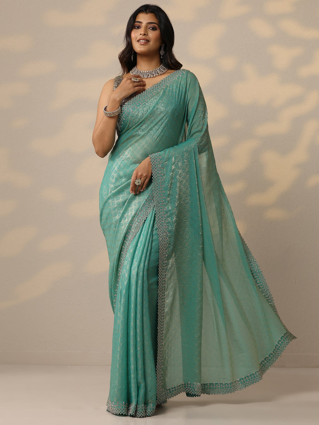 Libas Green Embellished Chiffon Sarees With Unstitched Blouse Piece