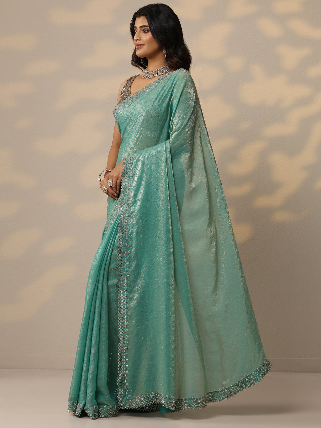 Libas Green Embellished Chiffon Sarees With Unstitched Blouse Piece