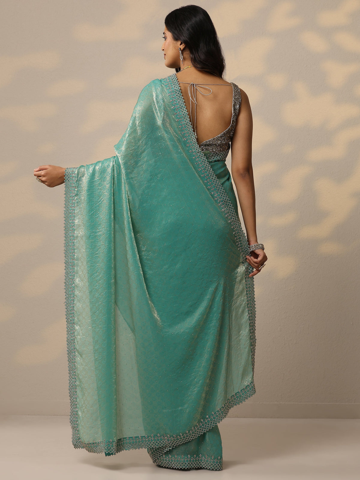 Libas Green Embellished Chiffon Sarees With Unstitched Blouse Piece