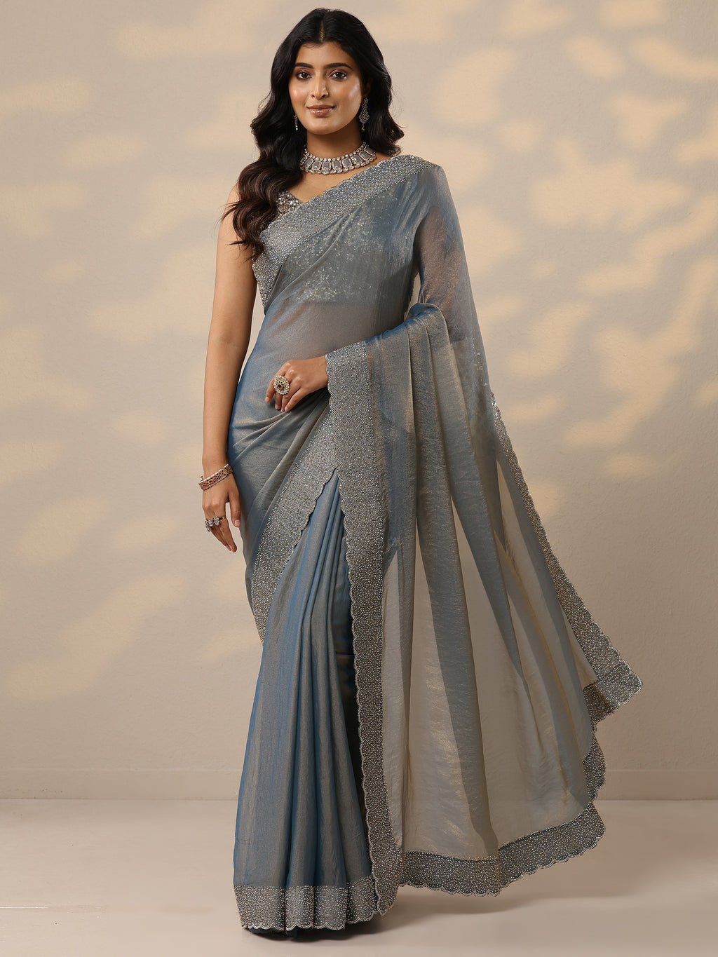 Libas Blue Embellished Organza Sarees With Unstitched Blouse Piece